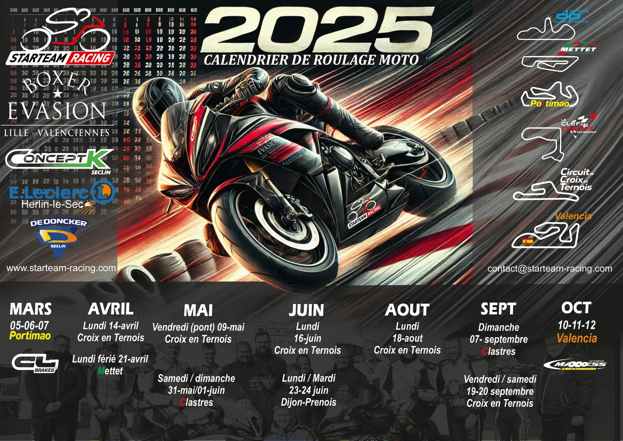 Découvrez le calendrier de roulage moto 2025 avec Starteam Racing !